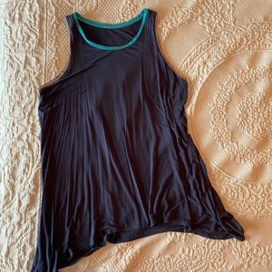 LOGO Tunic length tank; charcoal w/ multi color trim; luscious rayon span